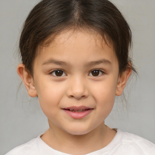 Joyful white child female with medium  brown hair and brown eyes