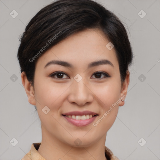 Joyful asian young-adult female with short  brown hair and brown eyes