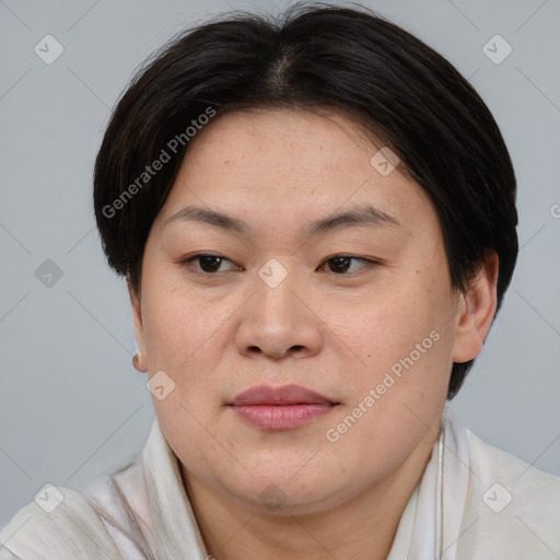 Joyful asian adult female with short  brown hair and brown eyes