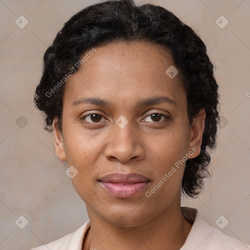 Joyful latino young-adult female with short  black hair and brown eyes