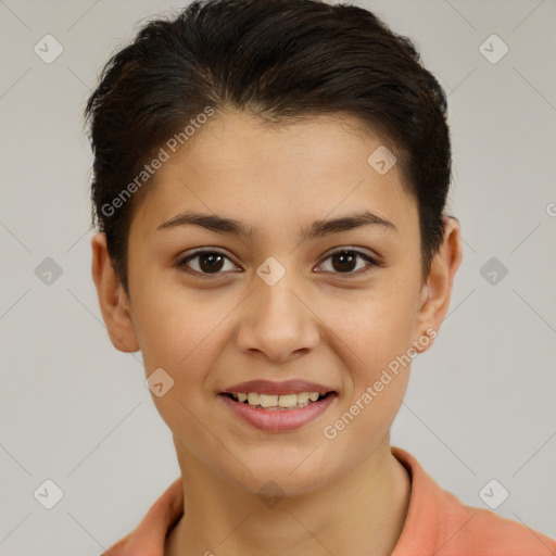 Joyful latino young-adult female with short  brown hair and brown eyes