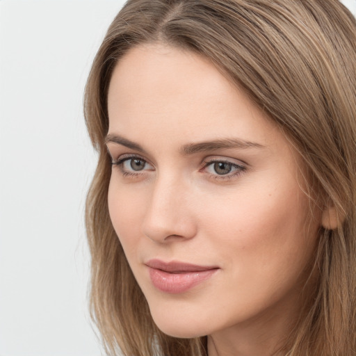 Neutral white young-adult female with long  brown hair and grey eyes