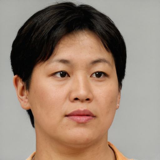 Neutral asian adult female with short  brown hair and brown eyes