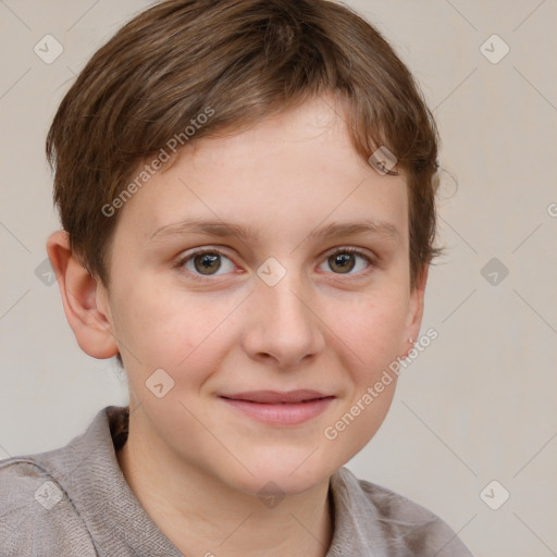 Joyful white child female with short  brown hair and grey eyes