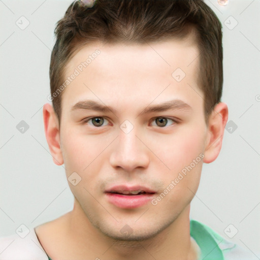 Neutral white young-adult male with short  brown hair and brown eyes