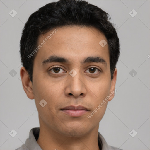 Neutral latino young-adult male with short  black hair and brown eyes