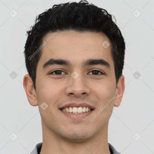 Joyful white young-adult male with short  black hair and brown eyes