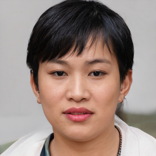 Neutral white young-adult female with short  black hair and brown eyes