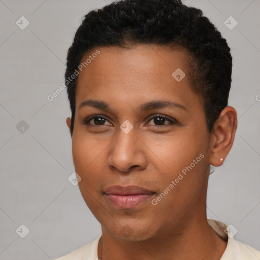 Joyful black young-adult female with short  brown hair and brown eyes