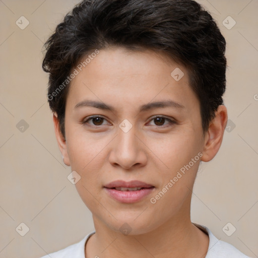 Joyful white young-adult female with short  brown hair and brown eyes