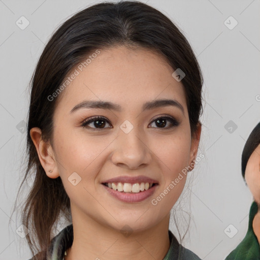 Joyful white young-adult female with medium  brown hair and brown eyes