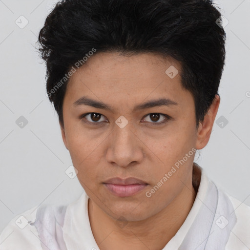 Neutral asian young-adult female with short  brown hair and brown eyes