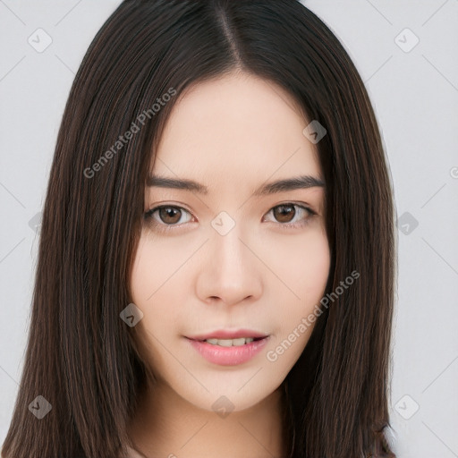 Neutral white young-adult female with long  brown hair and brown eyes