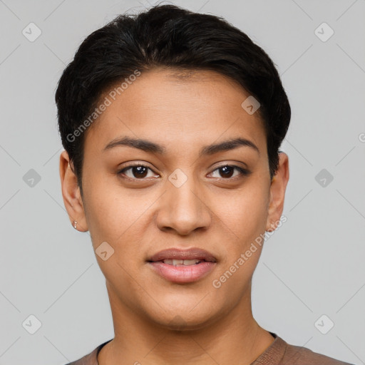 Joyful latino young-adult female with short  brown hair and brown eyes