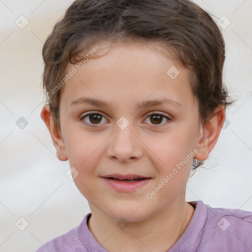 Joyful white child female with short  brown hair and brown eyes