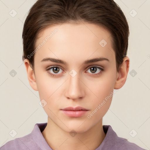 Neutral white young-adult female with short  brown hair and brown eyes