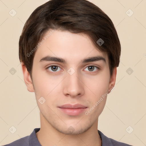 Neutral white young-adult male with short  brown hair and brown eyes