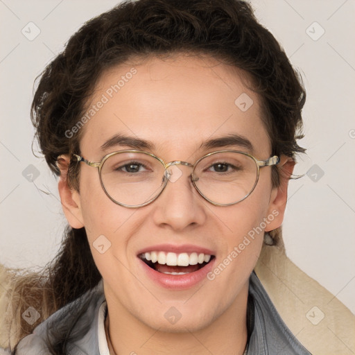 Joyful white adult female with short  brown hair and brown eyes