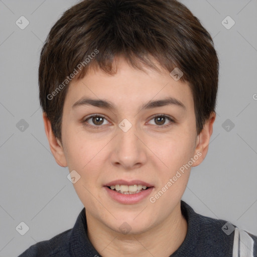 Joyful white young-adult female with short  brown hair and brown eyes