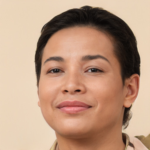 Joyful white young-adult female with short  brown hair and brown eyes