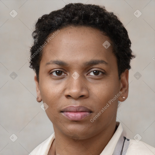 Neutral black young-adult female with short  brown hair and brown eyes