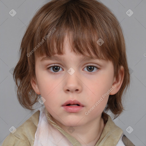 Neutral white child female with medium  brown hair and grey eyes