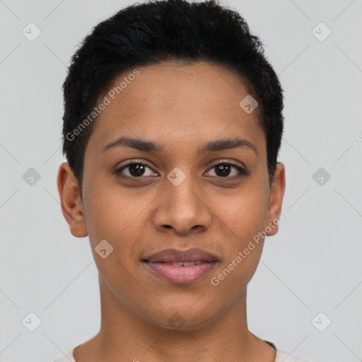 Joyful latino young-adult female with short  brown hair and brown eyes