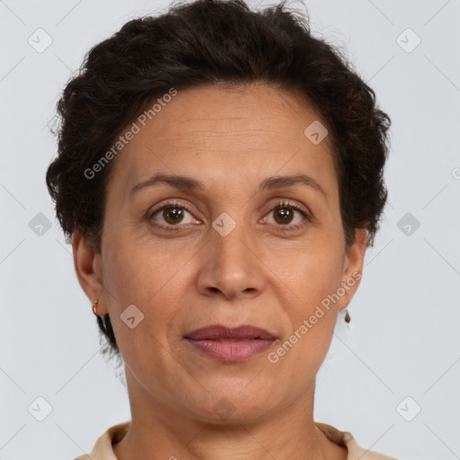 Joyful white adult female with short  brown hair and brown eyes