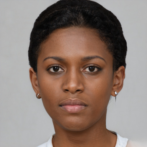 Neutral black young-adult female with short  brown hair and brown eyes