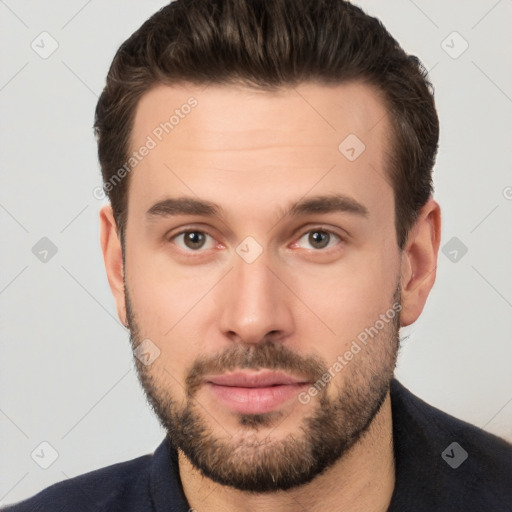 Neutral white young-adult male with short  brown hair and brown eyes