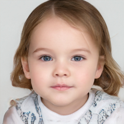 Neutral white child female with medium  brown hair and blue eyes