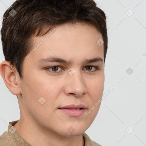 Neutral white young-adult male with short  brown hair and brown eyes