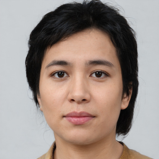 Neutral asian young-adult female with medium  brown hair and brown eyes