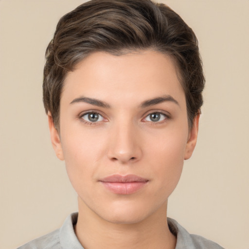 Neutral white young-adult female with short  brown hair and brown eyes