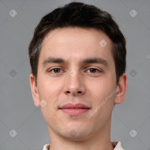 Neutral white young-adult male with short  brown hair and brown eyes