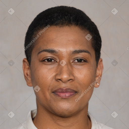 Joyful latino young-adult female with short  black hair and brown eyes