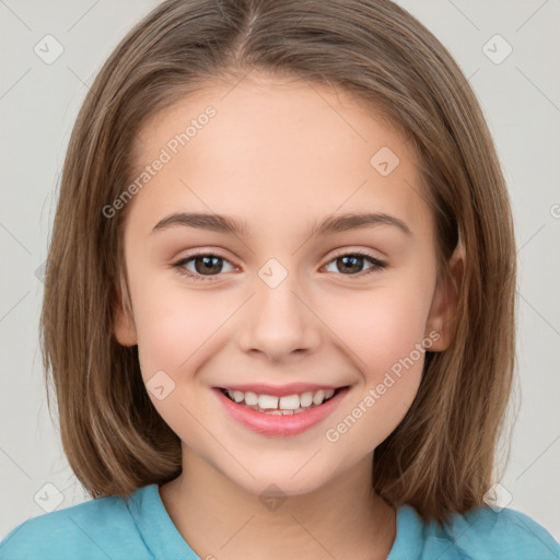 Joyful white child female with medium  brown hair and brown eyes