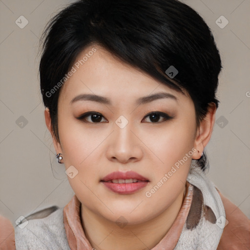 Joyful asian young-adult female with medium  black hair and brown eyes