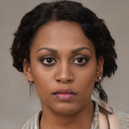 Neutral black young-adult female with medium  brown hair and brown eyes