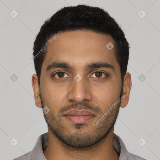 Neutral latino young-adult male with short  black hair and brown eyes