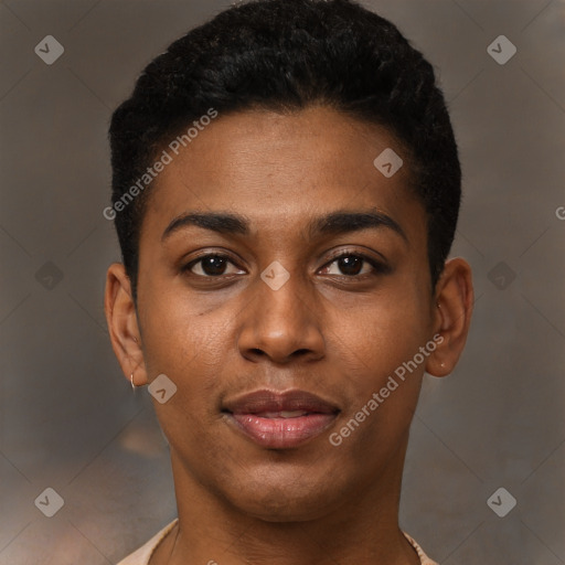 Joyful latino young-adult female with short  black hair and brown eyes