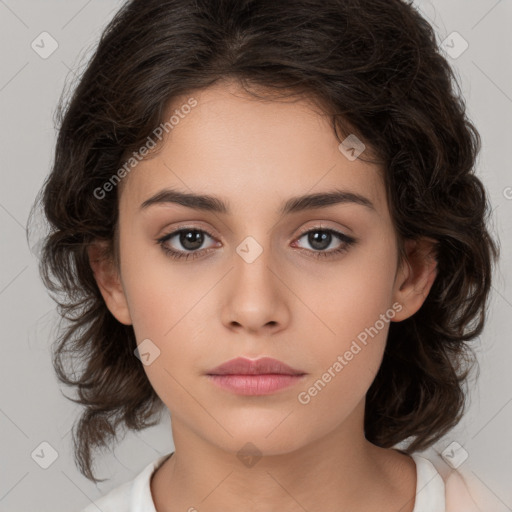 Neutral white young-adult female with medium  brown hair and brown eyes