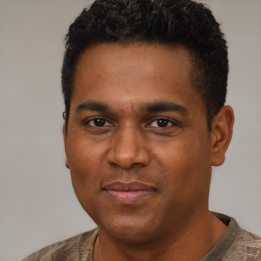 Joyful black young-adult male with short  black hair and brown eyes
