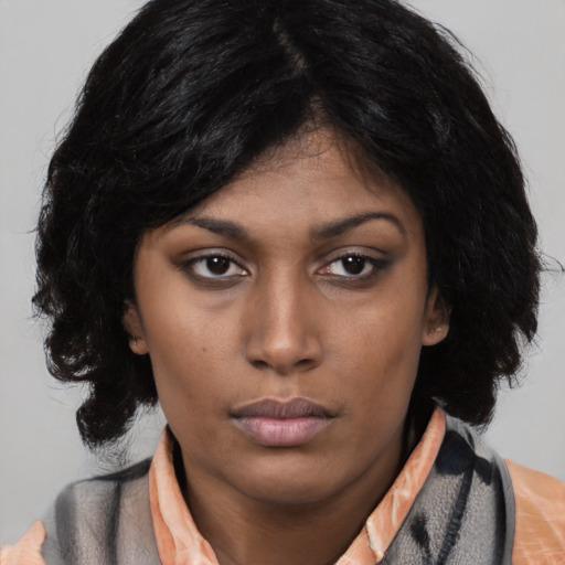 Neutral asian young-adult female with medium  black hair and brown eyes