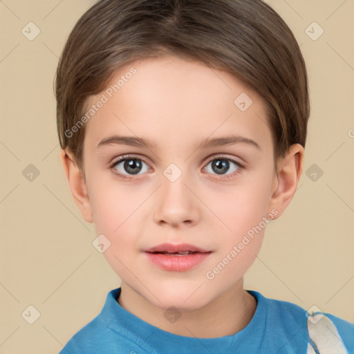 Joyful white child female with short  brown hair and brown eyes