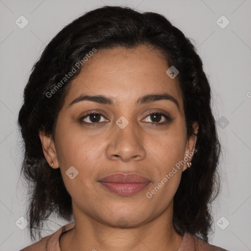 Joyful latino young-adult female with long  brown hair and brown eyes