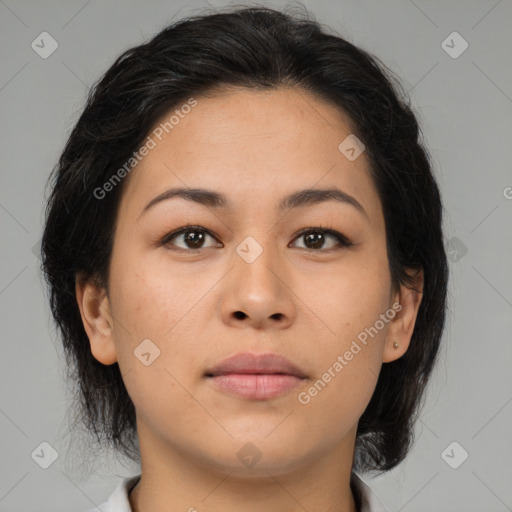 Neutral asian young-adult female with medium  brown hair and brown eyes