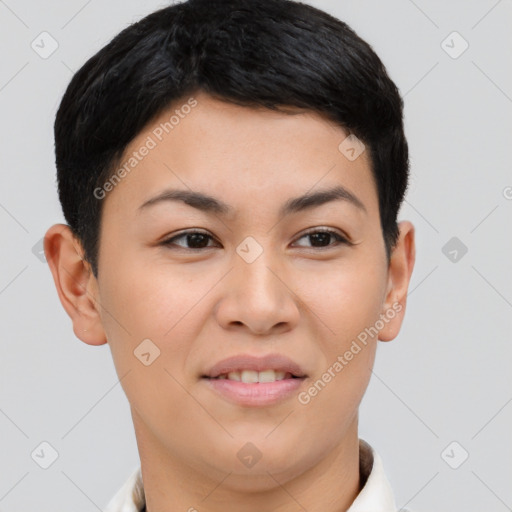 Joyful asian young-adult female with short  brown hair and brown eyes