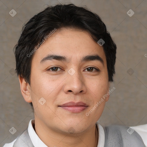 Joyful white young-adult male with short  black hair and brown eyes