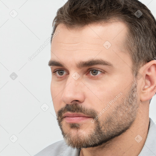 Neutral white young-adult male with short  brown hair and brown eyes